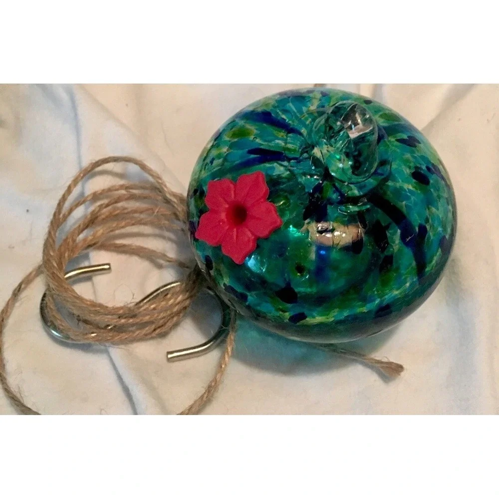 Blue and Green Speckled Hand Blown Art Glass Hummingbird Nectar Feeder & Hanger